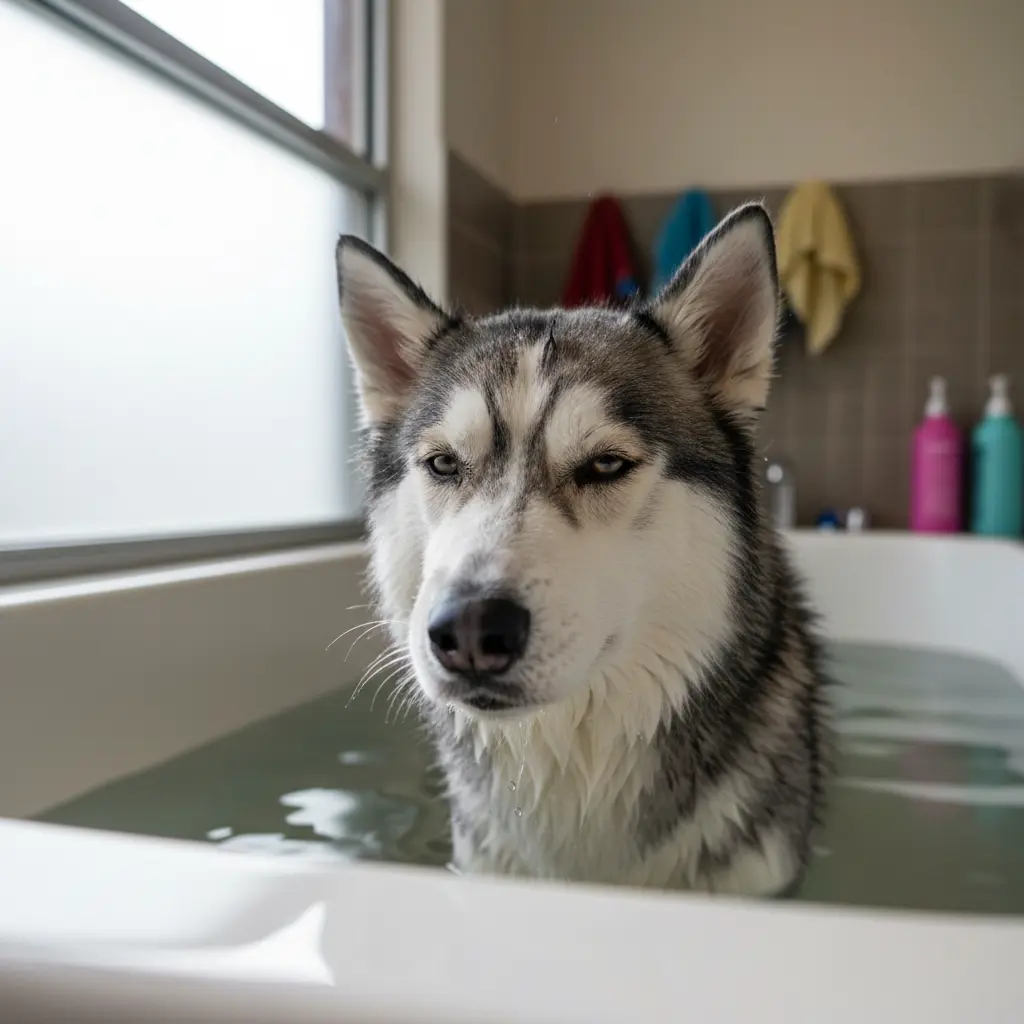Сибирский хаски в ванной груминг-салона с хитрым взглядом