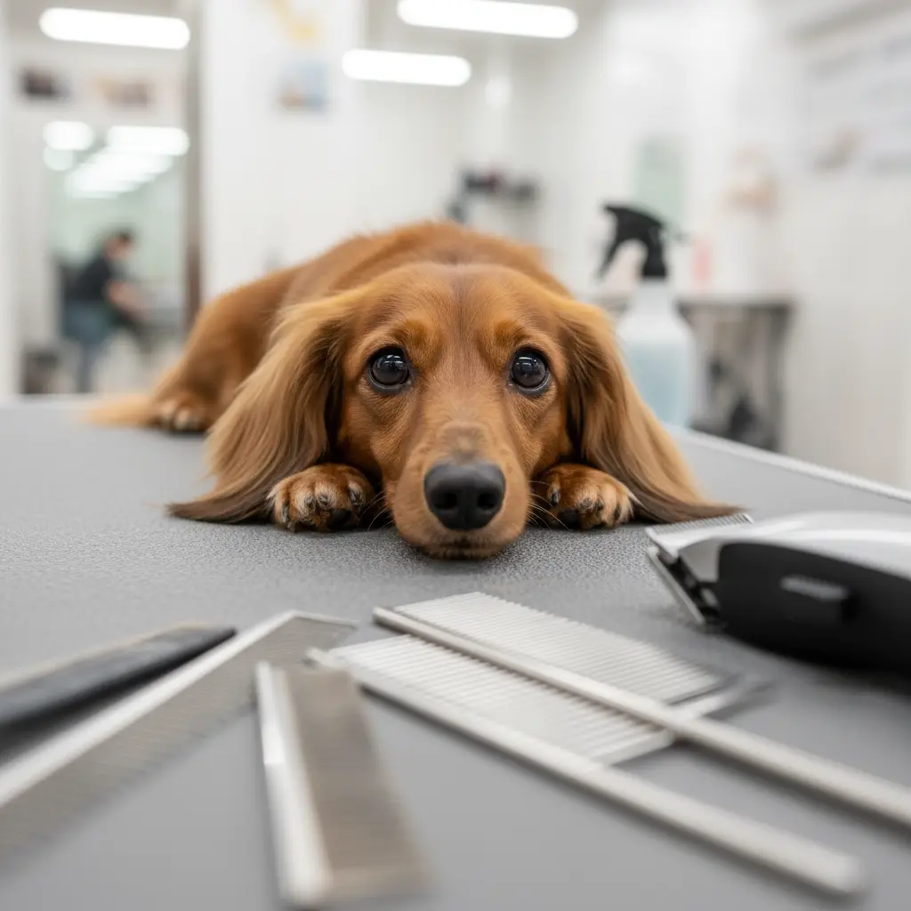 Такса притворяется мёртвой на столе грумера