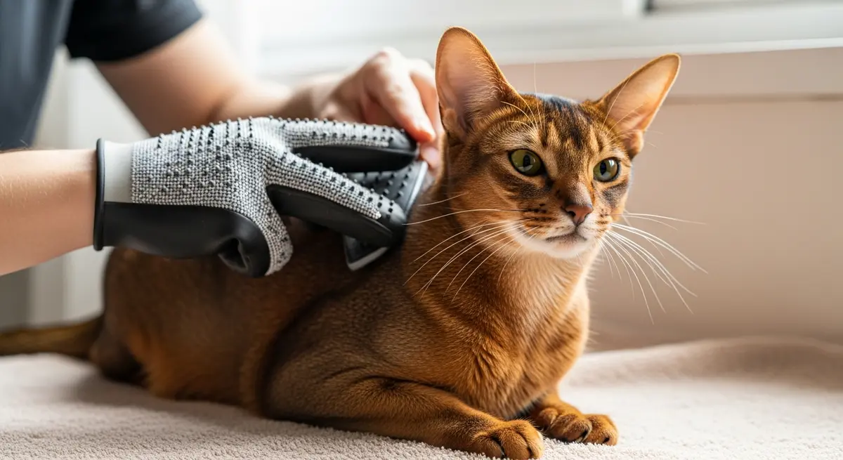 Крупный план: вычесывание шерсти абиссинской кошки резиновой перчаткой