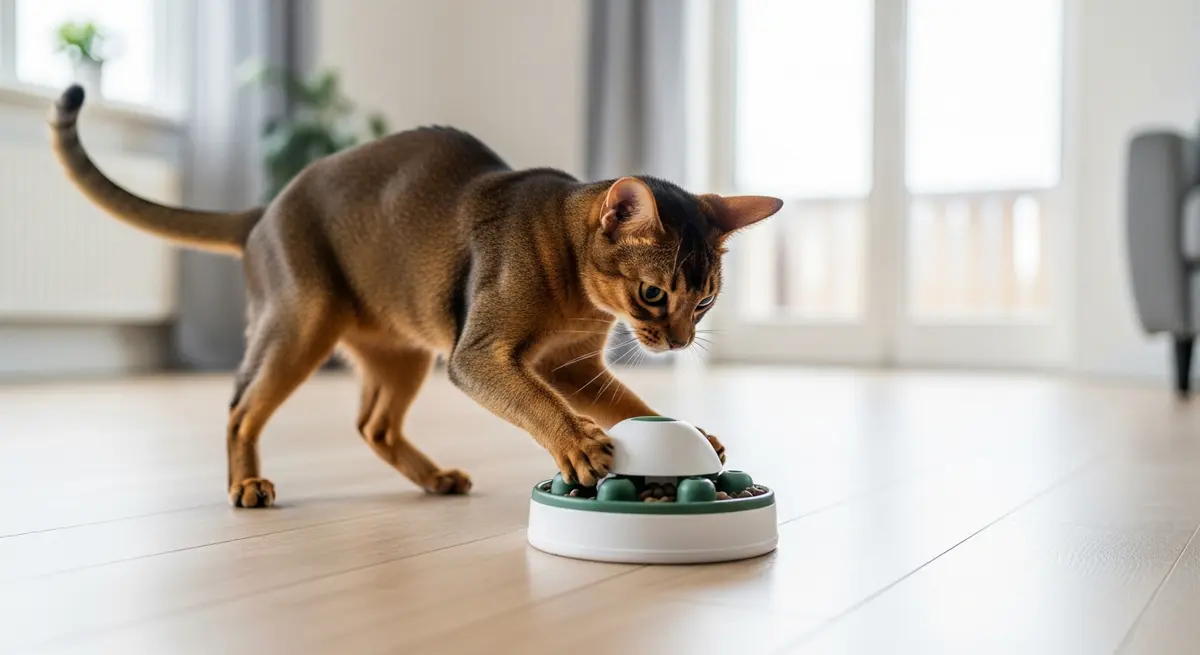 Абиссинская кошка играет с интерактивной игрушкой-головоломкой