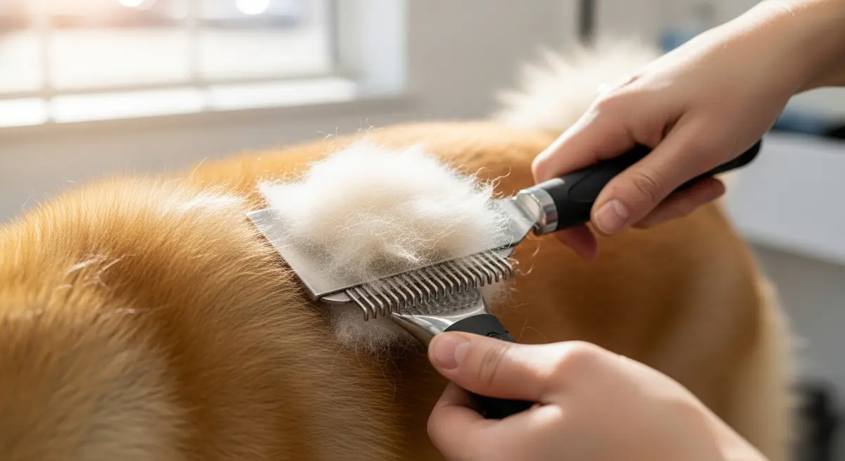 Процесс вычесывания подшерстка у собаки породы акита-ину специальным инструментом