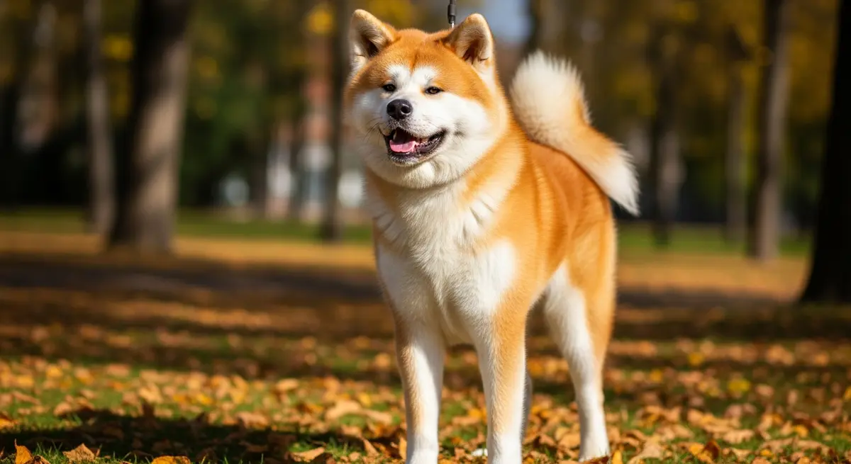 Ухоженная собака породы акита-ину с густой блестящей шерстью в осеннем парке