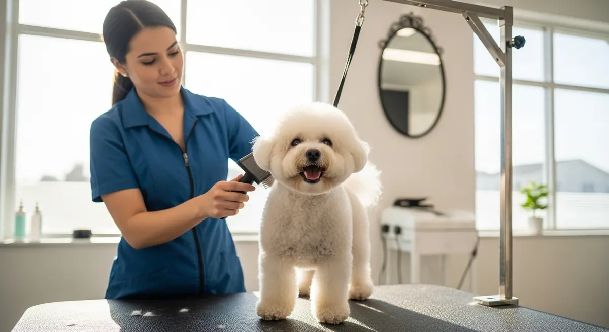 Грумер расчесывает бишон фризе в салоне
