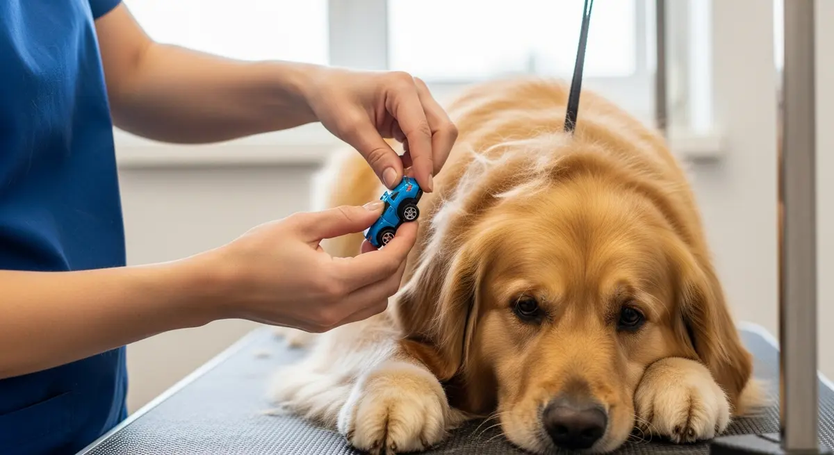 Грумер извлекает игрушечную машинку из шерсти золотистого ретривера