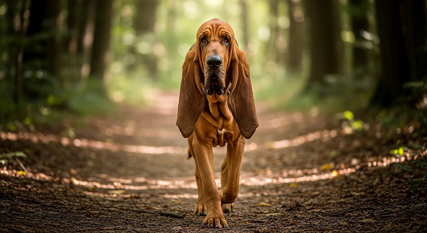 Бладхаунд на прогулке, длинные висячие уши