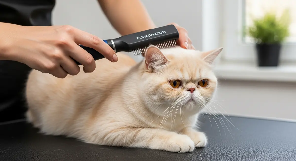Хозяин вычёсывает экзотическую короткошёрстную кошку фурминатором