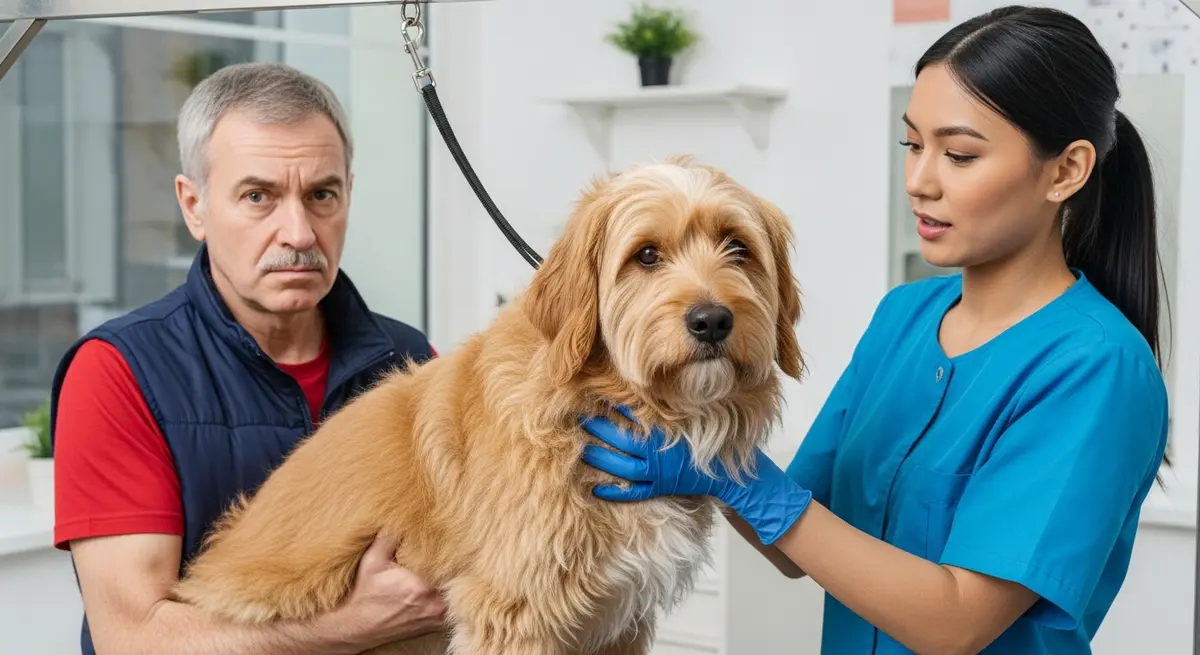 Грумер показывает хозяину колтун, найденный у собаки