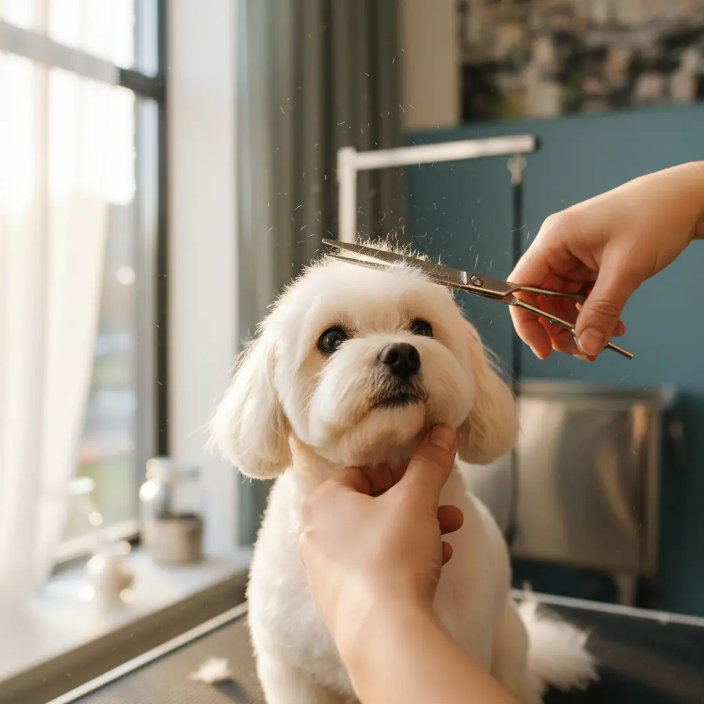 Руки грумера аккуратно подстригают шерсть вокруг морды собаки