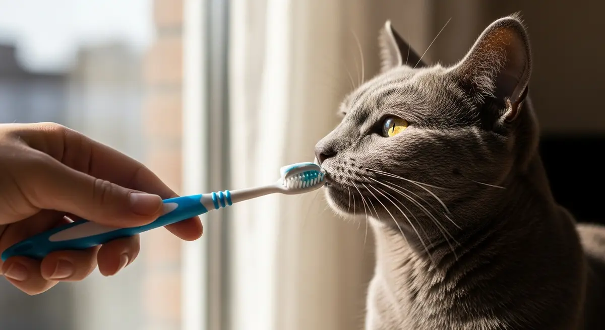 Знакомство кошки с зубной щёткой и пастой