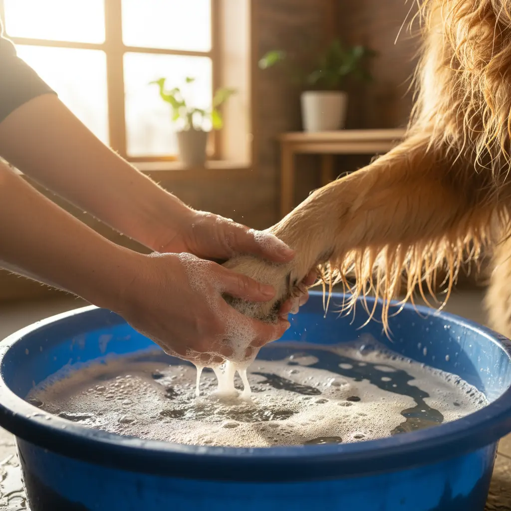 человек моет лапу золотистого ретривера в тазике