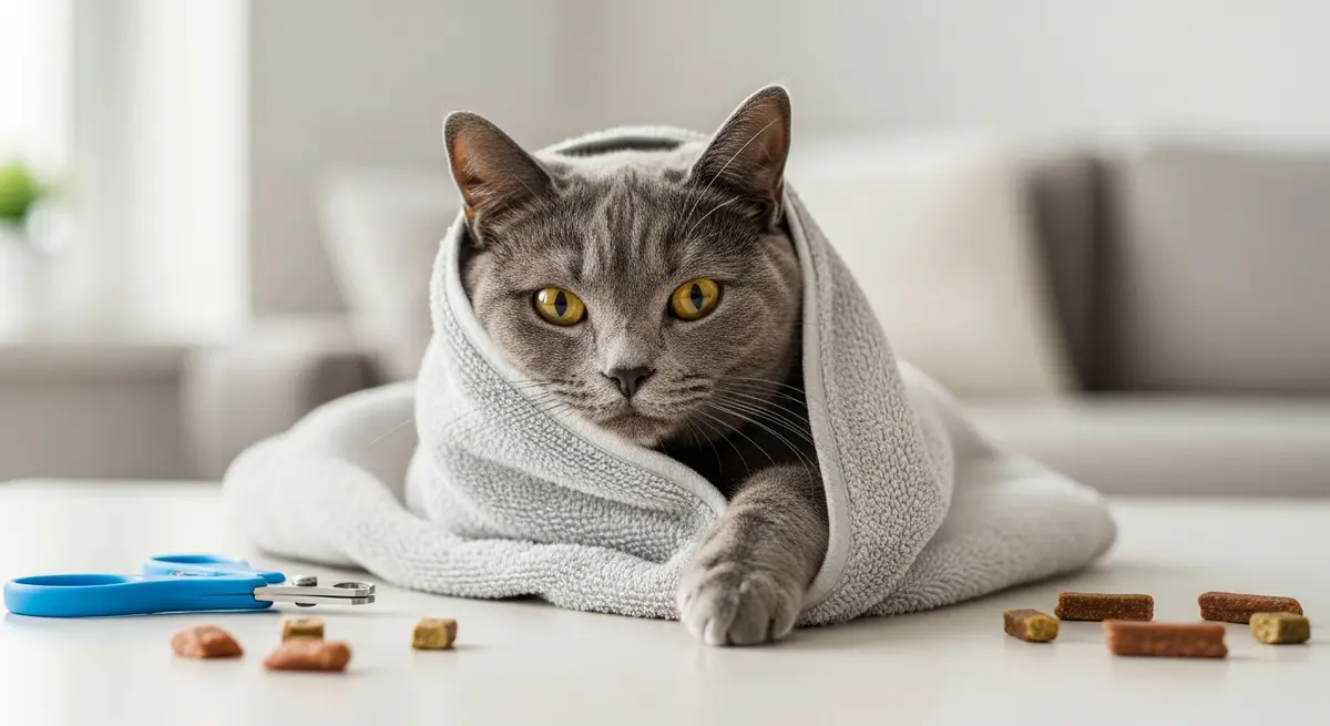 Кошка, завернутая в полотенце методом буррито, для безопасной стрижки когтей