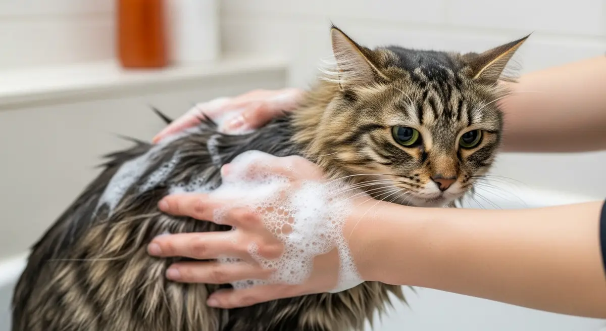 Руки моют кота с пеной