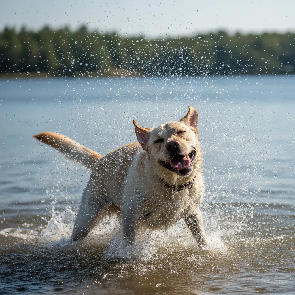 Лабрадор-ретривер выходит из воды и отряхивается