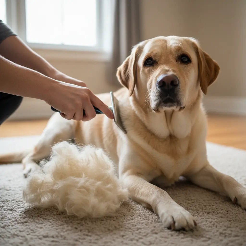 Руки грумера вычесывают густой подшерсток лабрадора