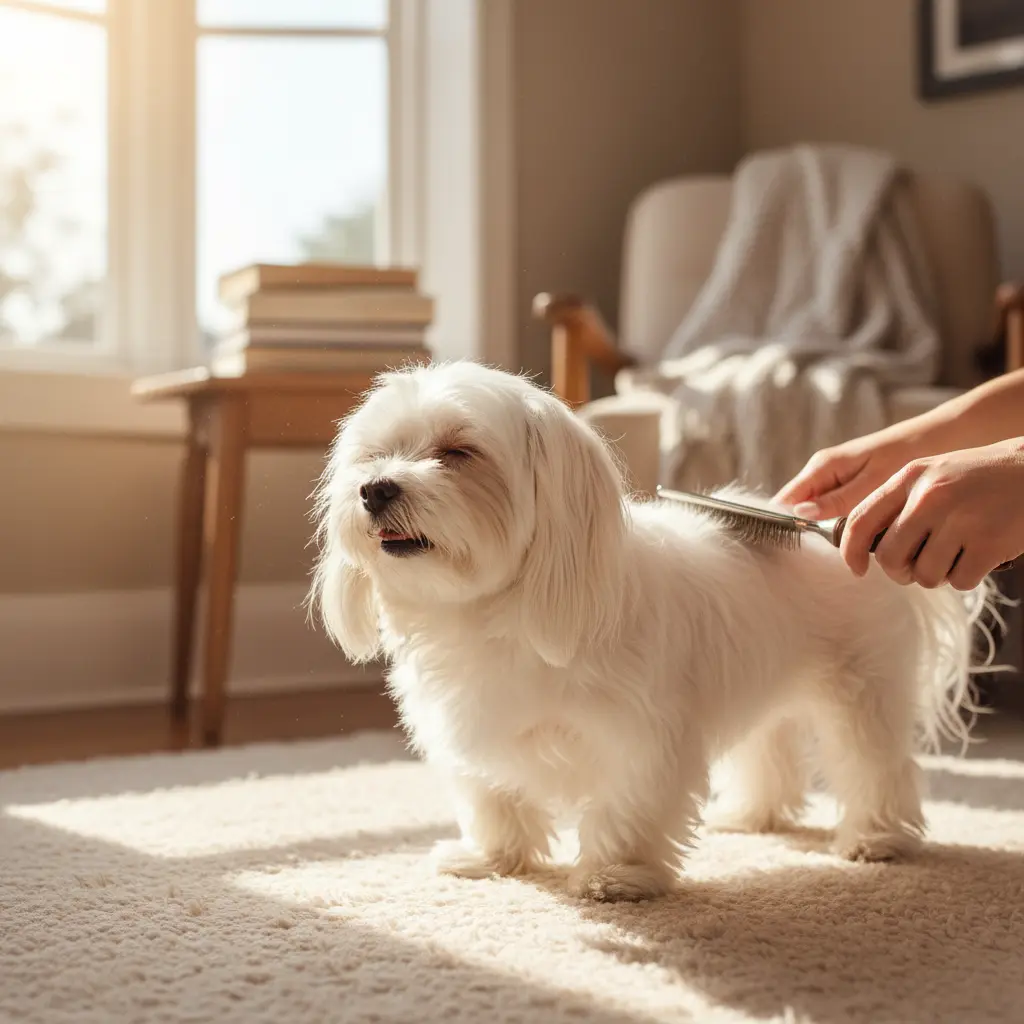 Ежедневное расчесывание длинной белой шерсти мальтийской болонки