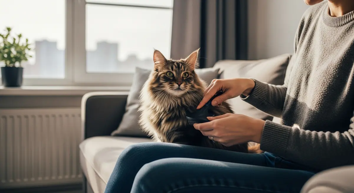 Норвежская лесная кошка на расчесывании в квартире