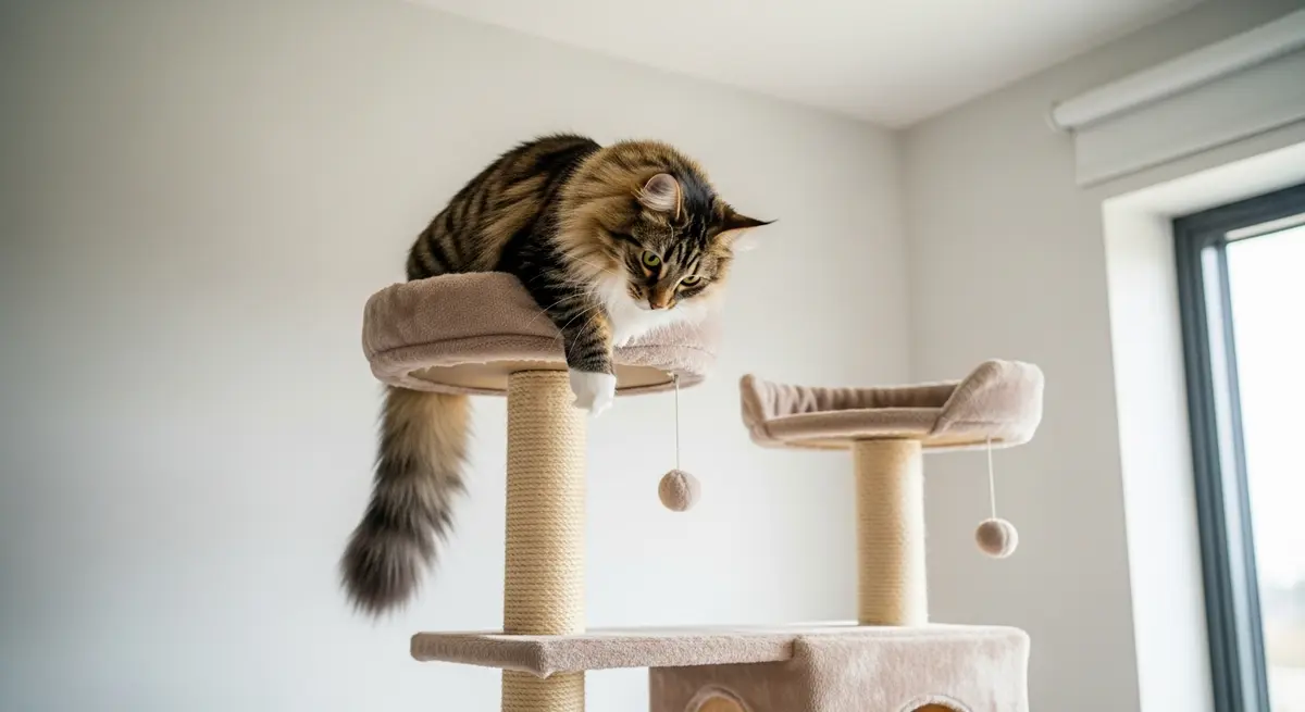 Норвежская лесная кошка на высоком игровом комплексе