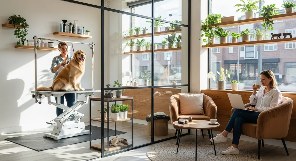 Интерьер pet-friendly груминг-салона с зоной кафе и прозрачной перегородкой