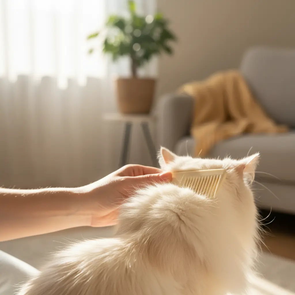 Бережное расчёсывание длинной шерсти рэгдолла гребнем