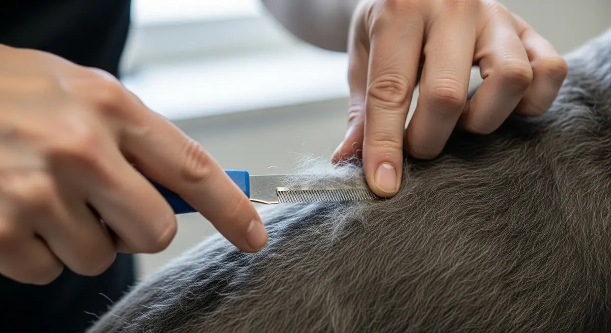 Крупный план рук грумера, выполняющего роллинг шерсти жесткошёрстной собаки