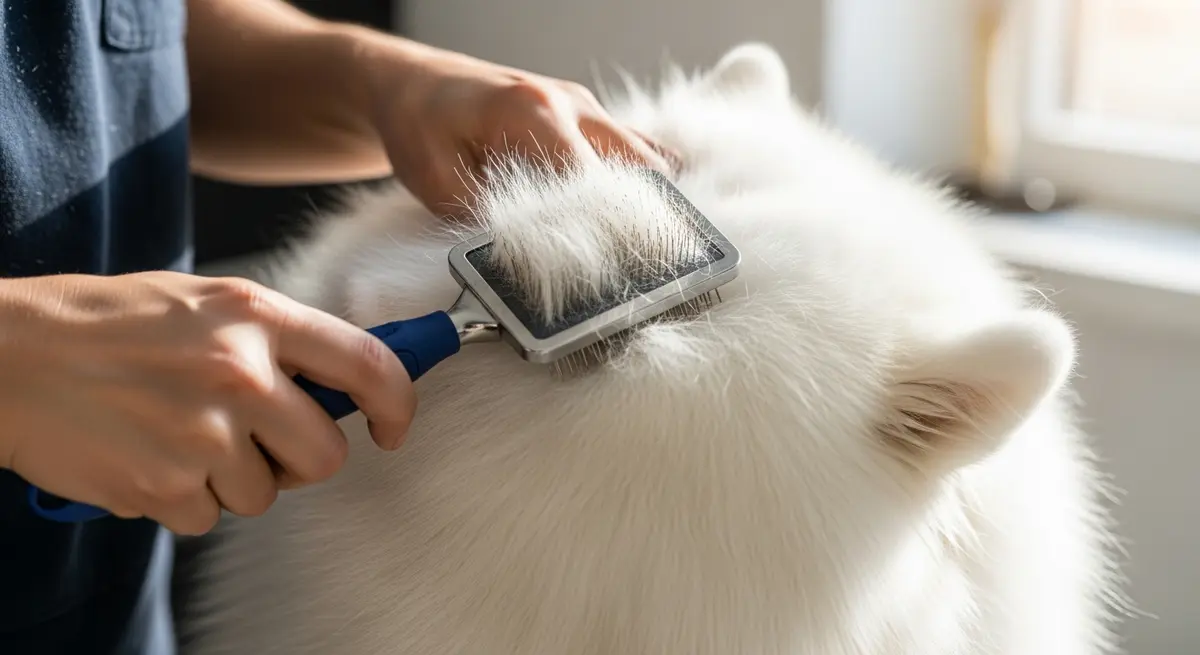 Крупный план вычесывания шерсти самоеда пуходеркой