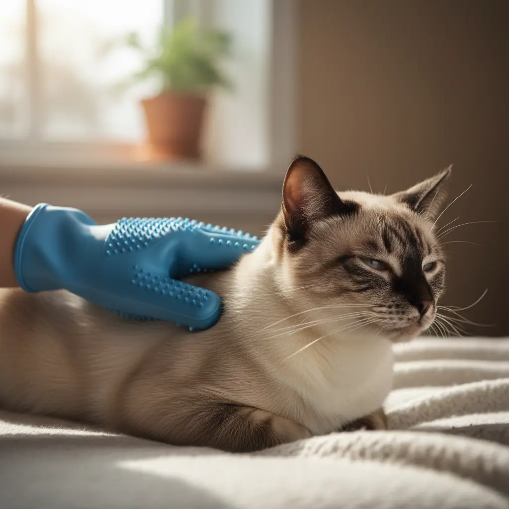 Вычёсывание сиамской кошки резиновой перчаткой