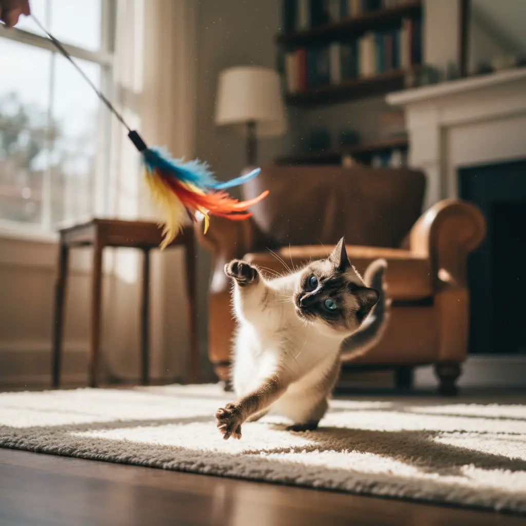 Сиамская кошка играет с удочкой-дразнилкой