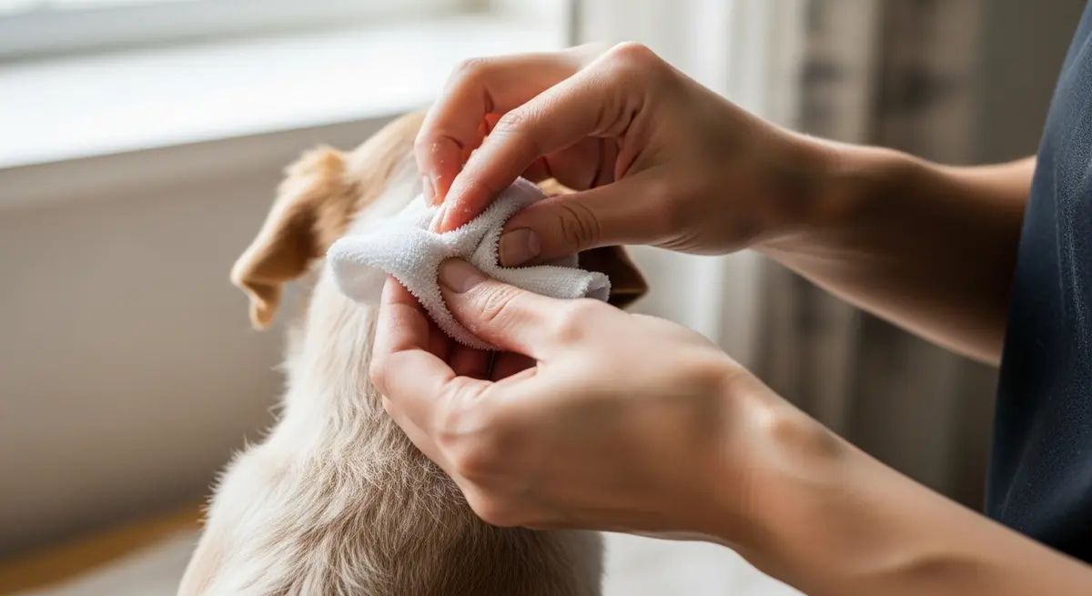 Грумер проверяет чистоту кожи собаки белой салфеткой