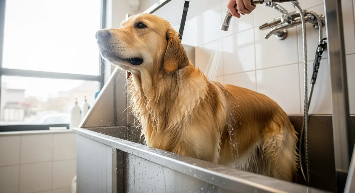 Собаку моют в профессиональной ванне в салоне груминга