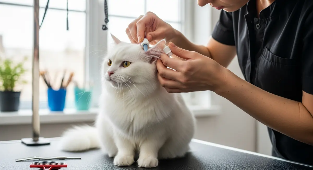 Процесс чистки ушей кошки лосьоном