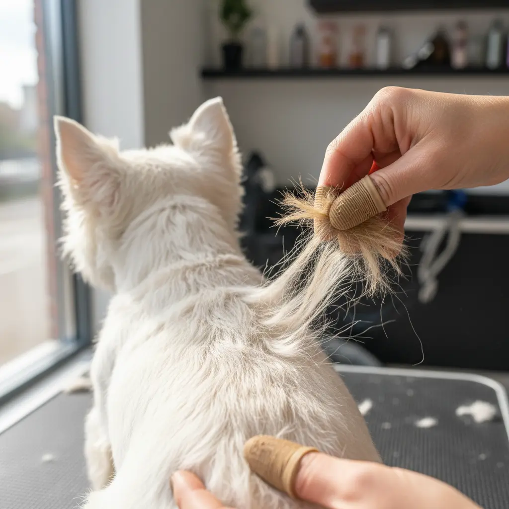 Руки грумера выполняют ручной стриппинг шерсти у вест-хайленд-уайт-терьера
