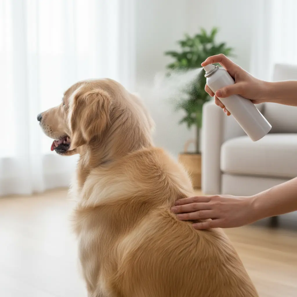 Нанесение сухого шампуня-спрея на шерсть золотистого ретривера