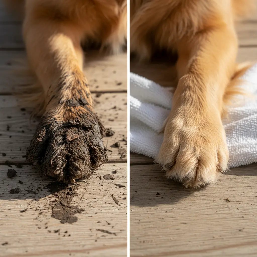 Сравнение грязной и очищенной сухим шампунем лапы собаки