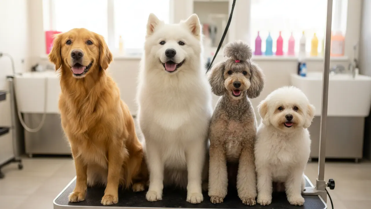 Владелец в замешательстве с инструментами для груминга рядом с пушистой собакой