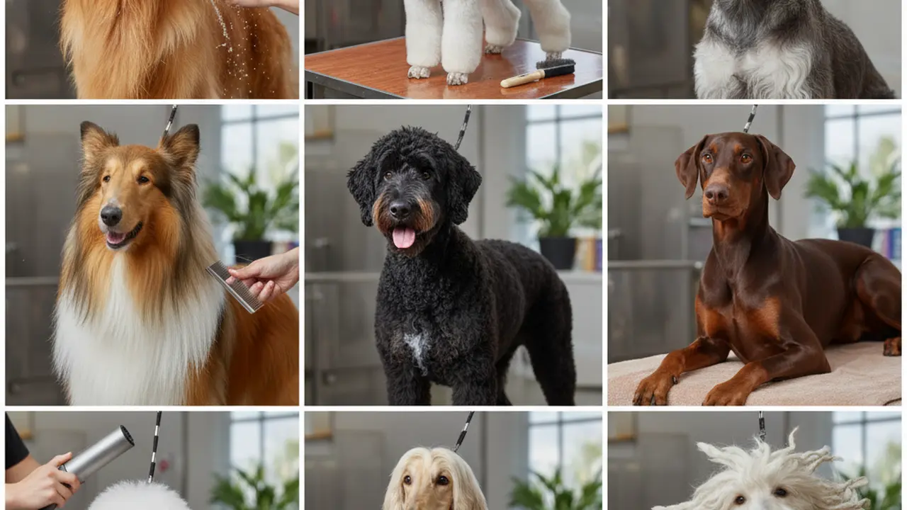 Профессиональный грумер делает сложную стрижку пуделю в салоне