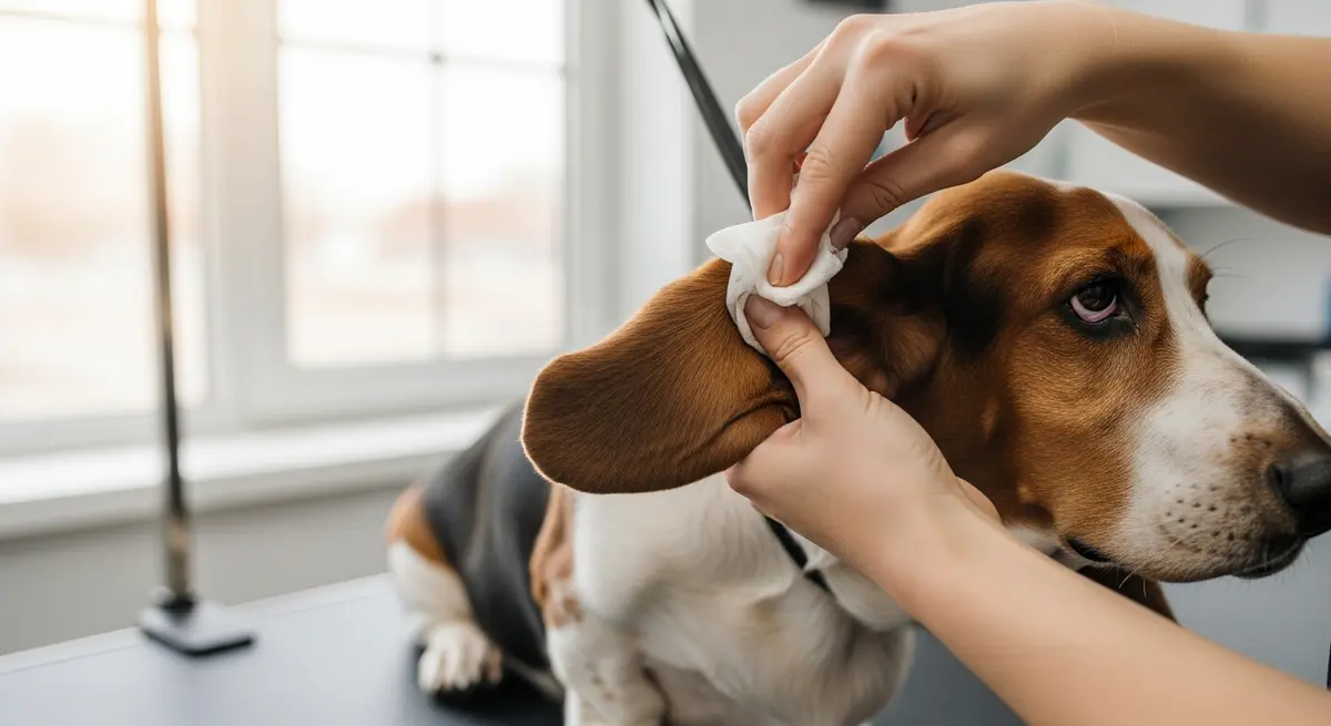 Грумер аккуратно чистит длинное ухо бассет-хаунда салфеткой