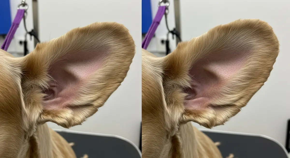 Сравнение уха кокер-спаниеля до и после гигиенической стрижки
