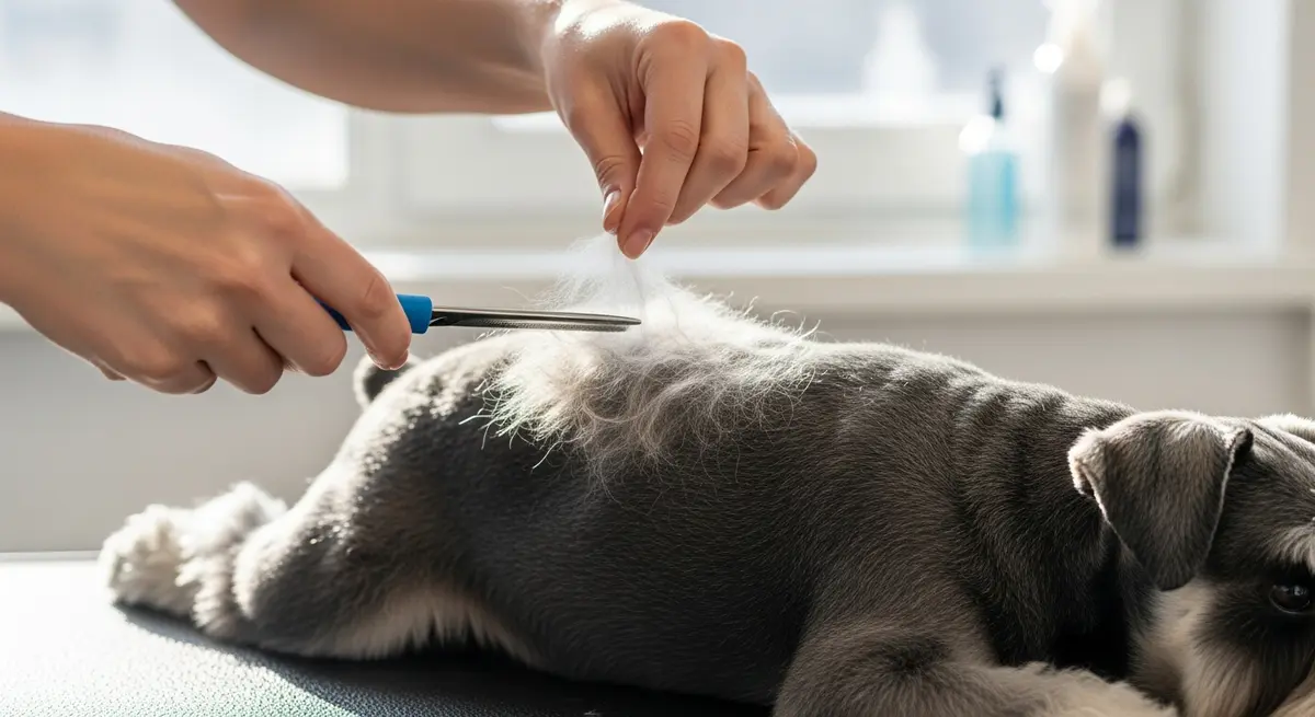 Процесс тримминга (выщипывания) шерсти у цвергшнауцера на столе у грумера