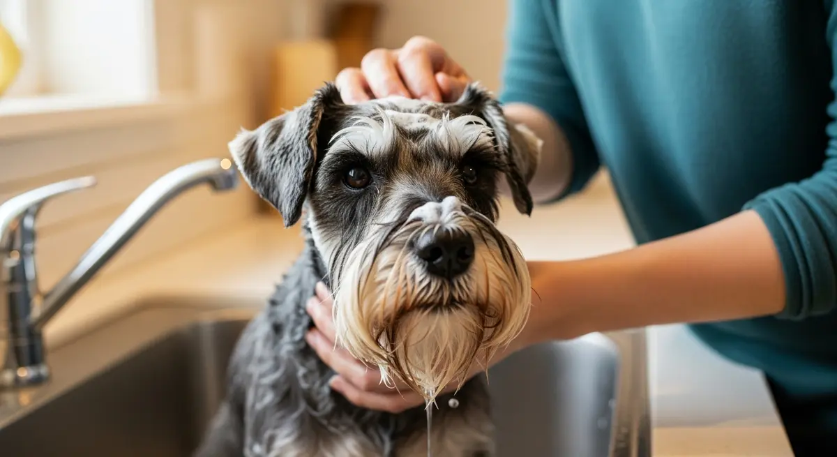 Владелец моет бороду цвергшнауцеру в раковине