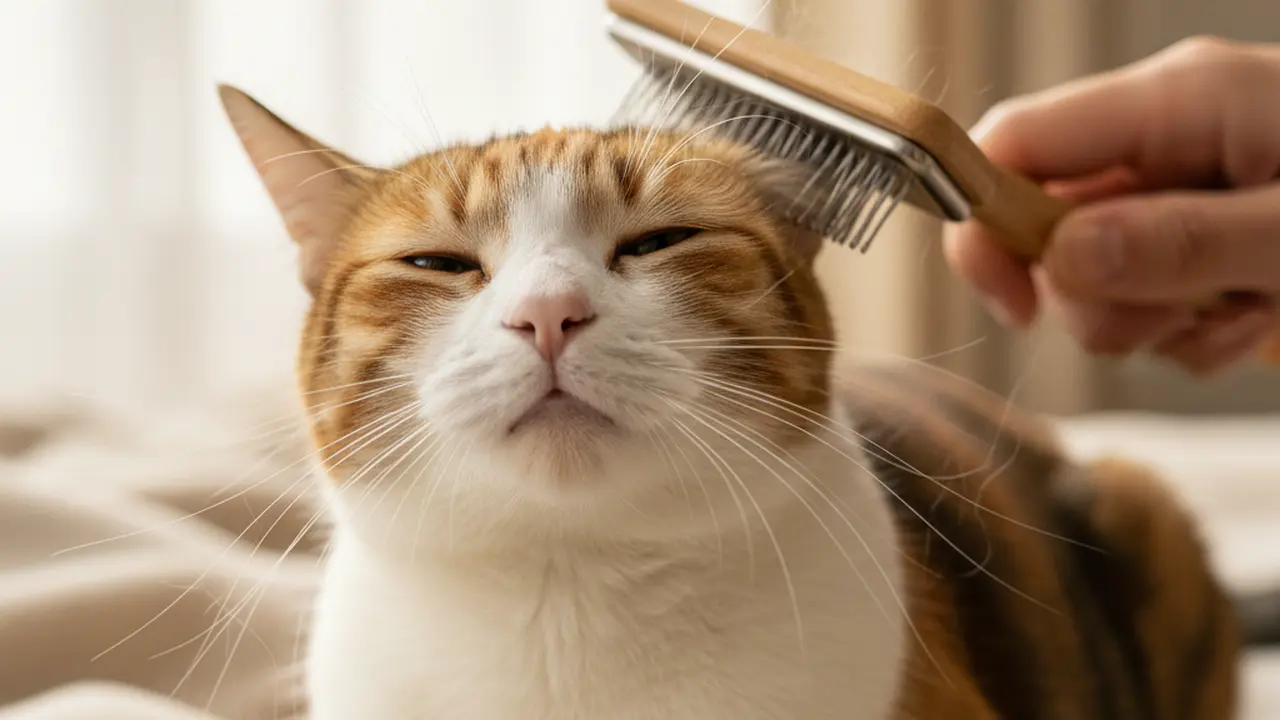 Иллюстрация: Хозяин вычесывает собаку щеткой во время линьки